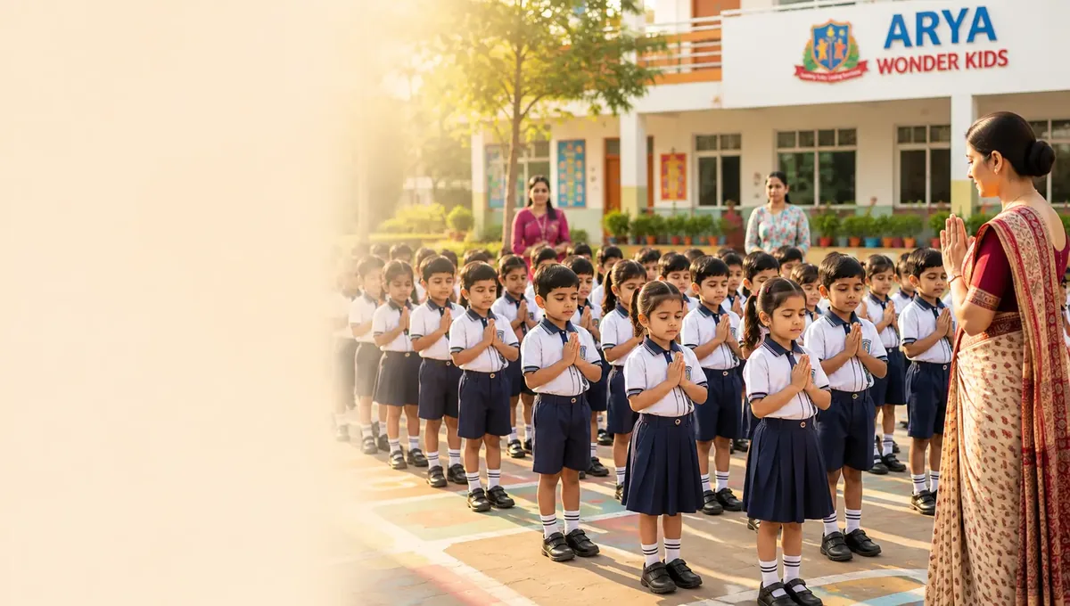 Children at morning assembly, Arya Wonder Kids